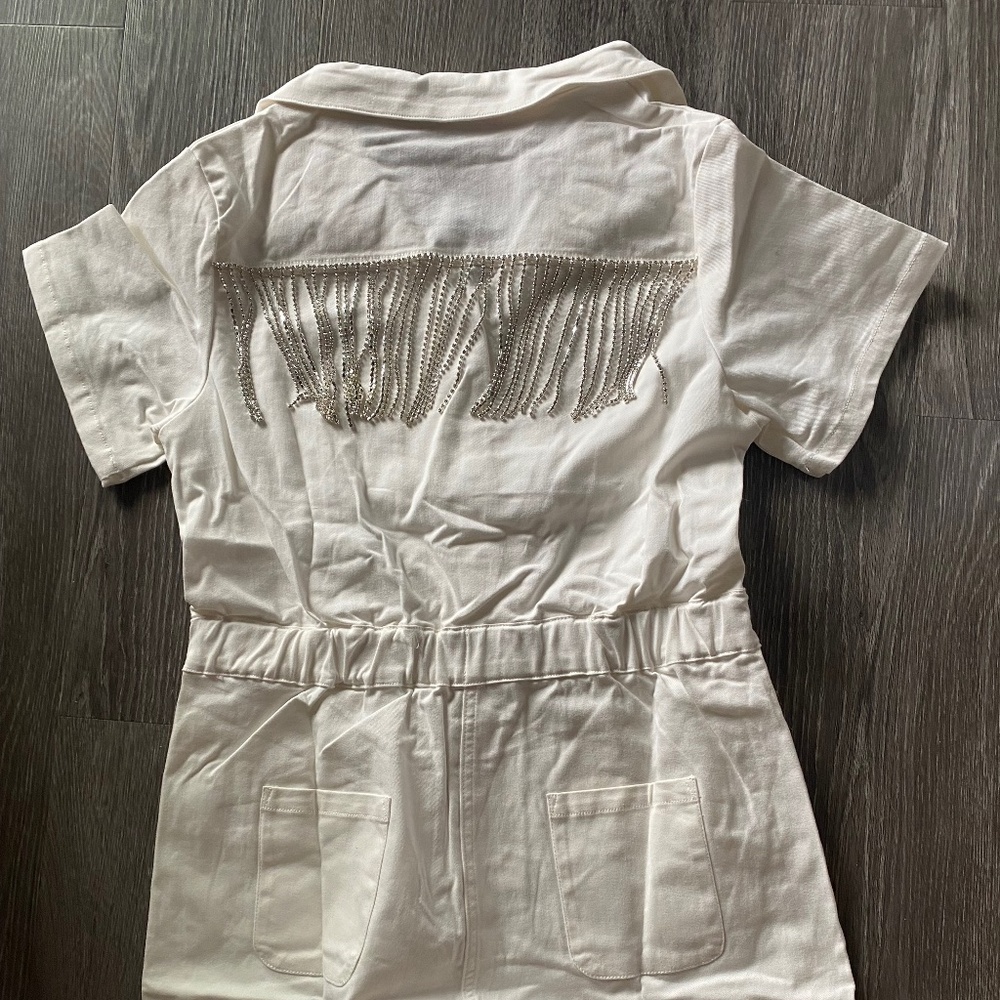 Brand New with Tags White Jean Romper with Fringe - M